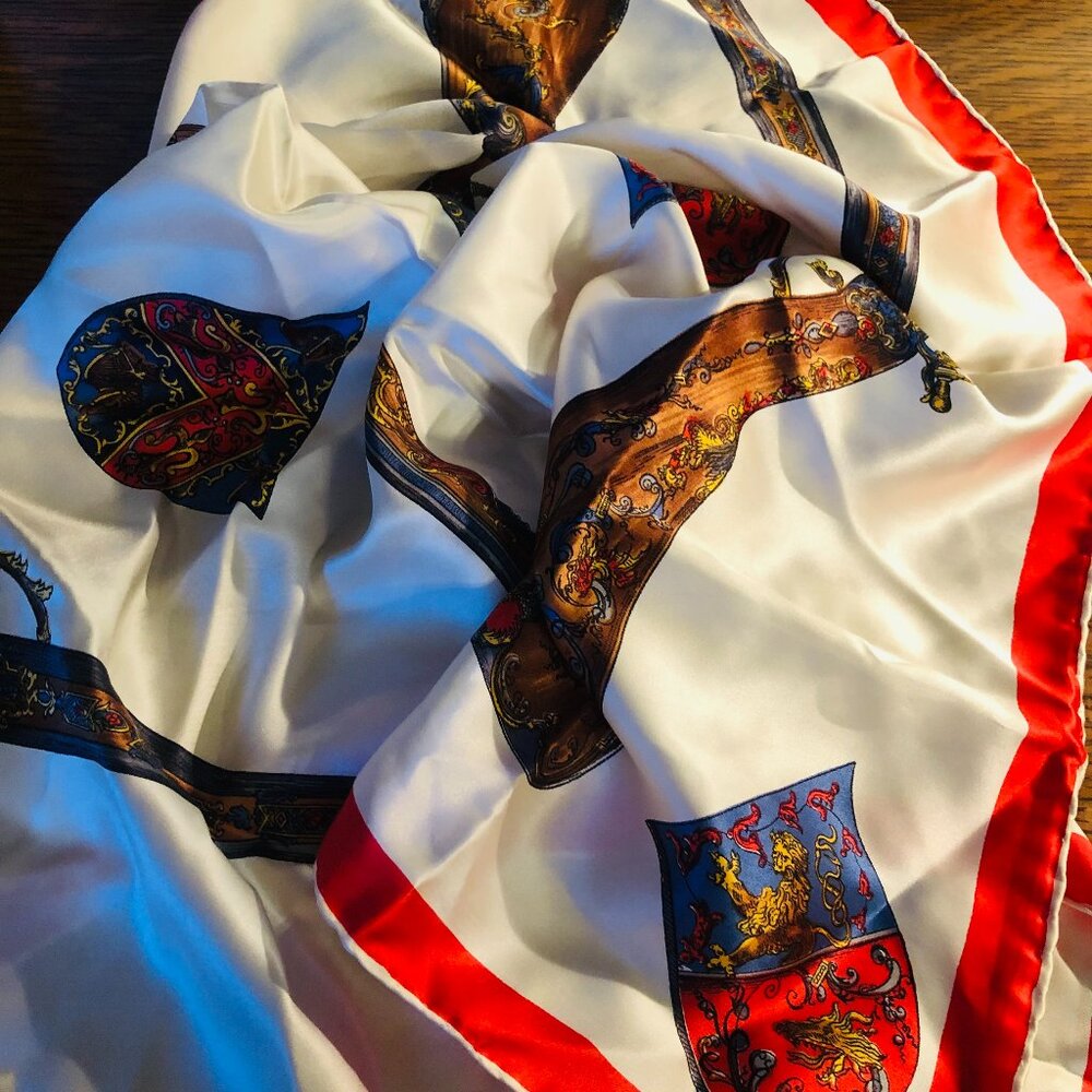Vintage Silk blend Scarf Muskets Coat of Arms Horns 1980-1990 Heraldic Design